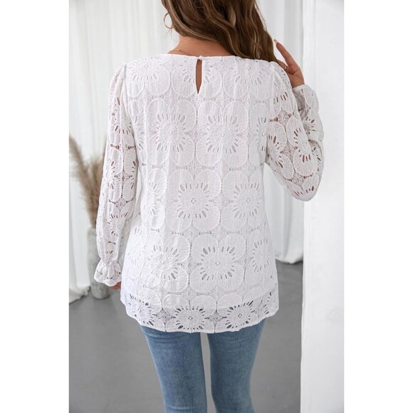 Lace Long Sleeve Top Womens Crewneck Eyelet Blouse Dressy Casual Plus Size - Picture 5 of 5